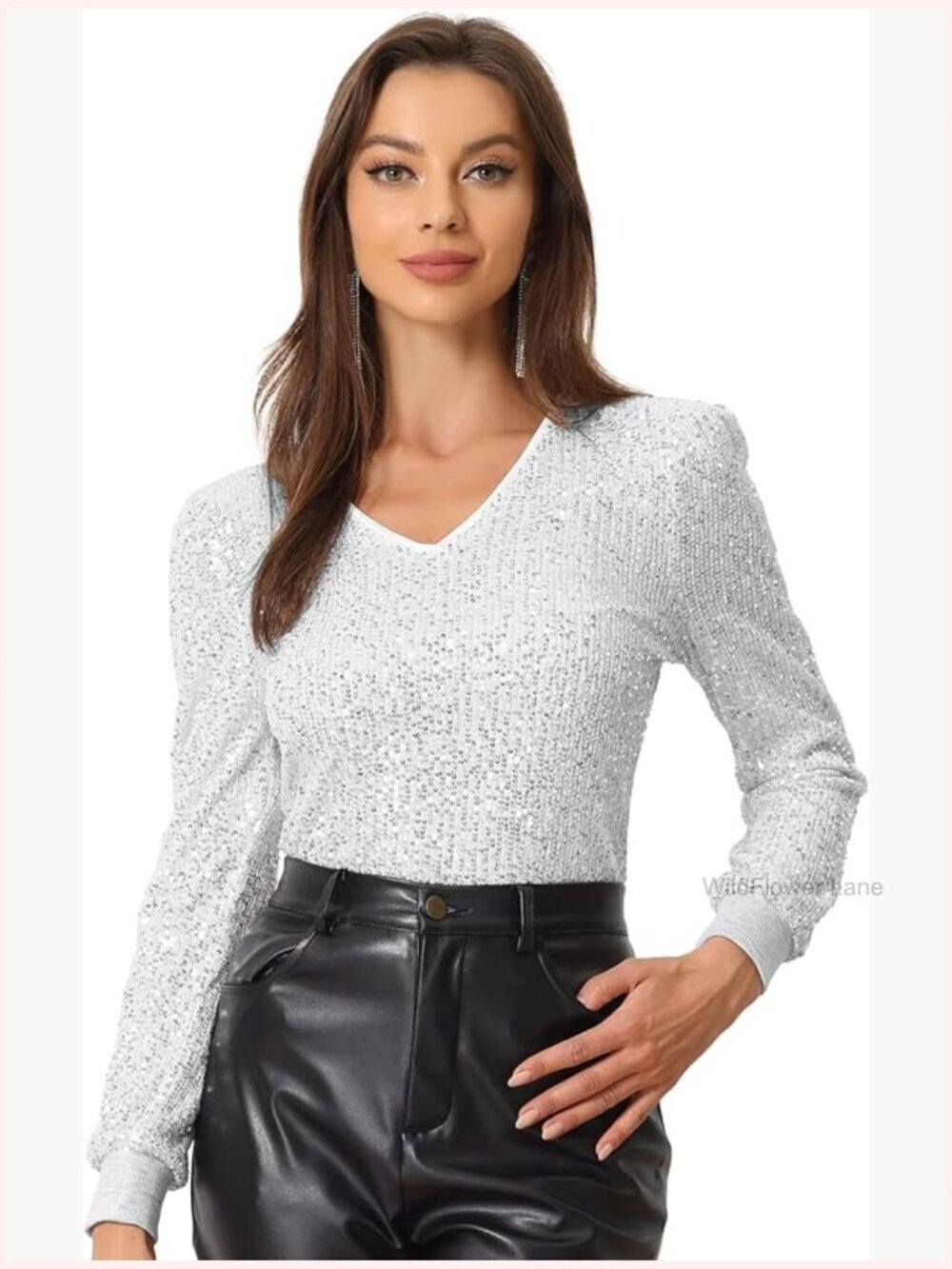 Sparkly Sequin V-Neck Blouse Long Sleeve Party Top